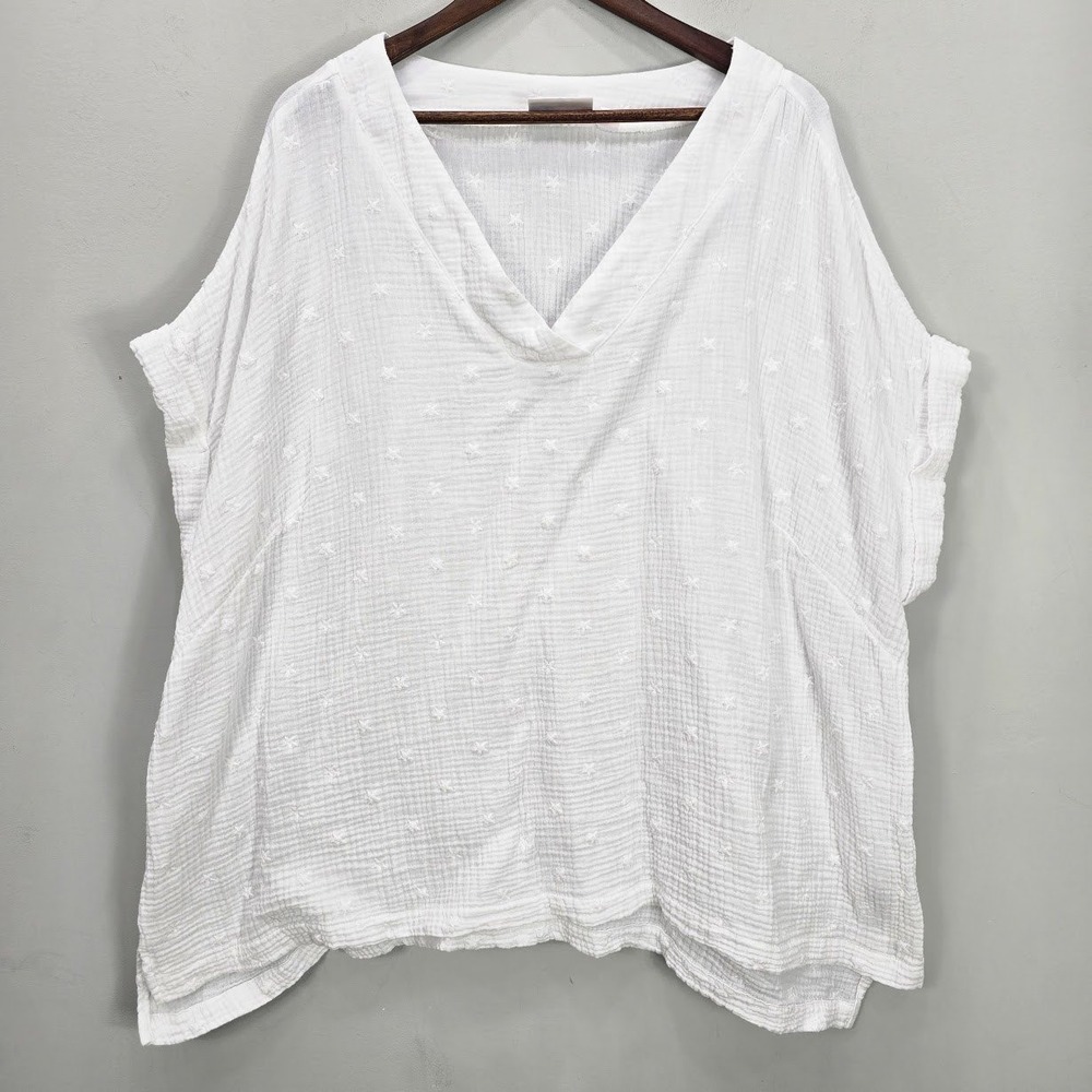 Belle Beach Kim Gravel Top 3X White Gauze Star Embroidered V-Neck Resort Coastal